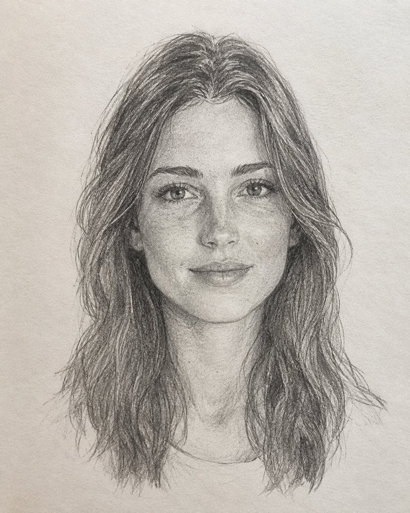Potloodportret van een vrouw met lang haar
