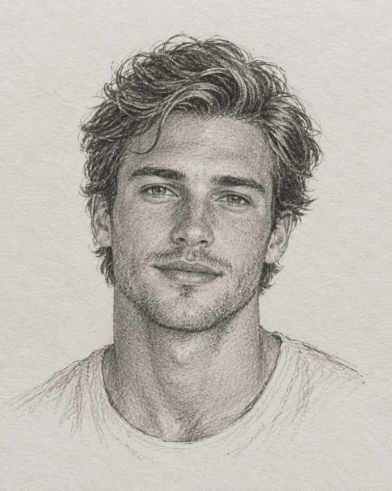 Voorbeeld van een zielsverwant-portret, potloodtekening van een man